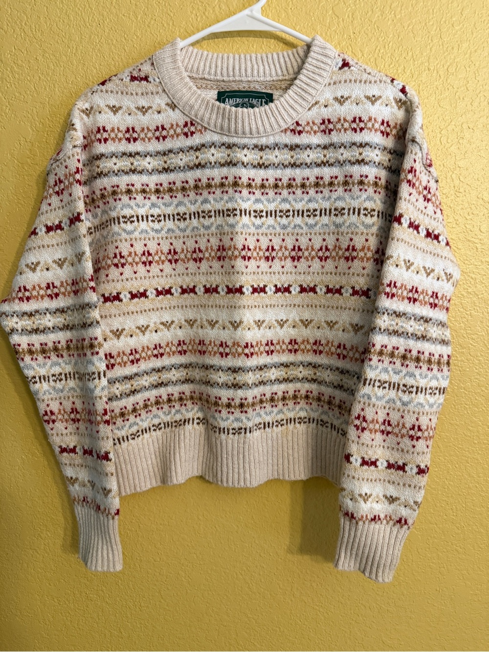 American Eagle Outfitters Cream Fair Isle Crewneck Sweater - Women's